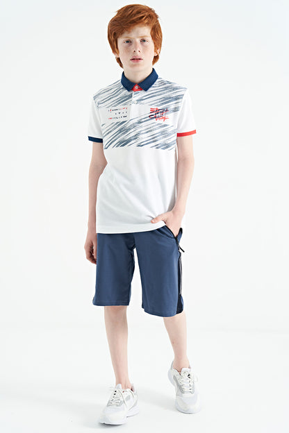 White Print Detailed Polo Collar Standard Fit Boys T-Shirt - 11161