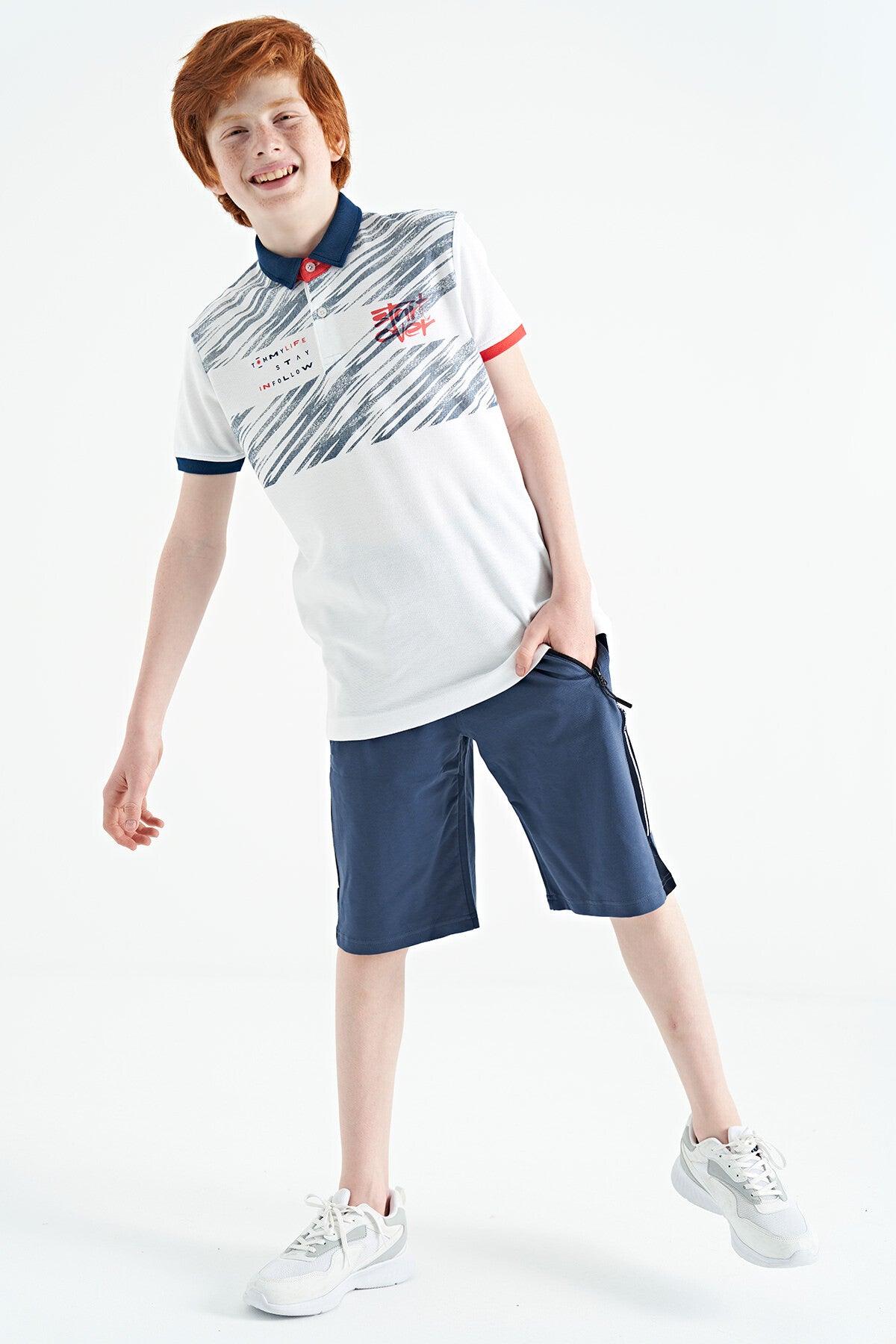 White Print Detailed Polo Collar Standard Fit Boys T-Shirt - 11161