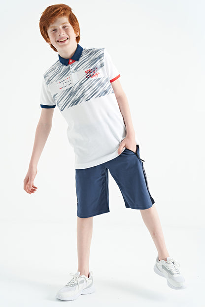 White Print Detailed Polo Collar Standard Fit Boys T-Shirt - 11161