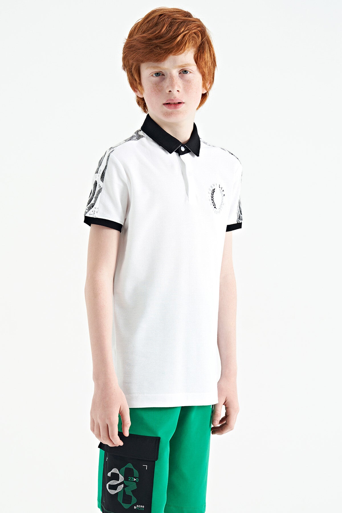 White Print Detailed Polo Collar Standard Cut Boys' T-Shirt - 11166