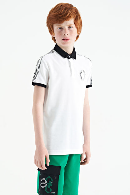 White Print Detailed Polo Collar Standard Cut Boys' T-Shirt - 11166
