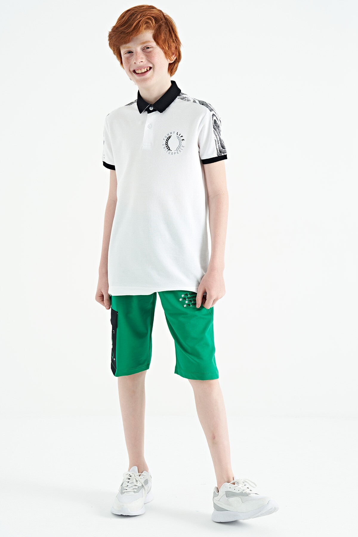 White Print Detailed Polo Collar Standard Cut Boys' T-Shirt - 11166