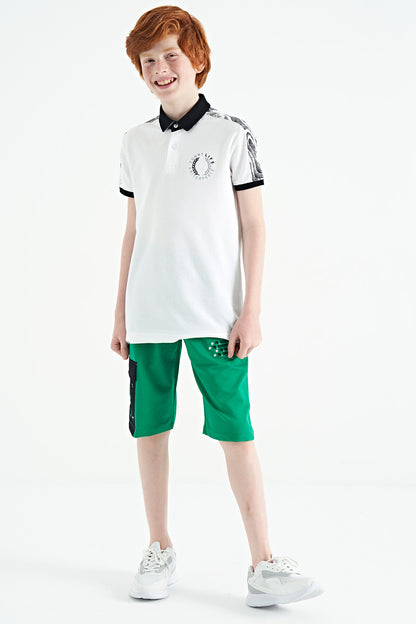 White Print Detailed Polo Collar Standard Cut Boys' T-Shirt - 11166