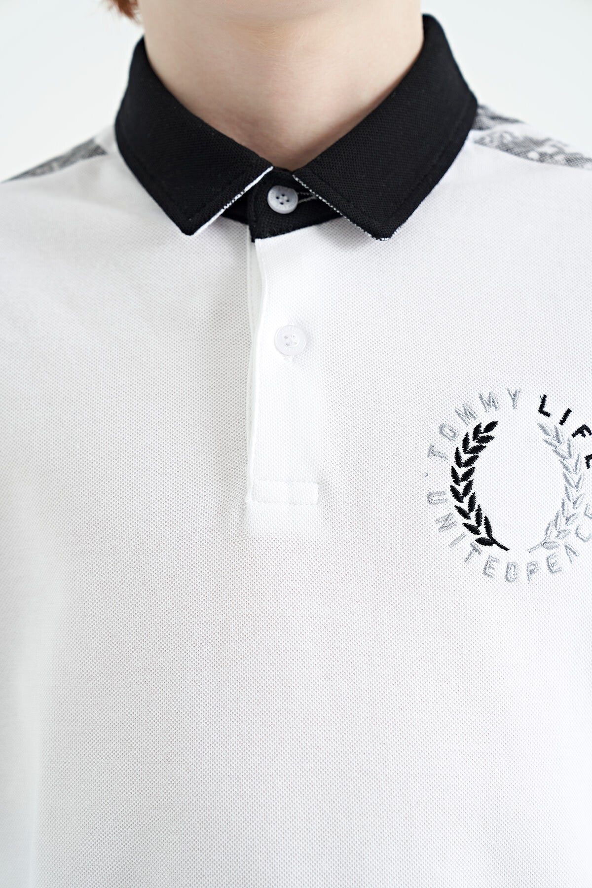 White Print Detailed Polo Collar Standard Cut Boys' T-Shirt - 11166