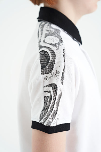 White Print Detailed Polo Collar Standard Cut Boys' T-Shirt - 11166