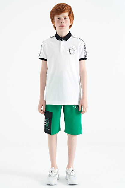White Print Detailed Polo Collar Standard Cut Boys' T-Shirt - 11166