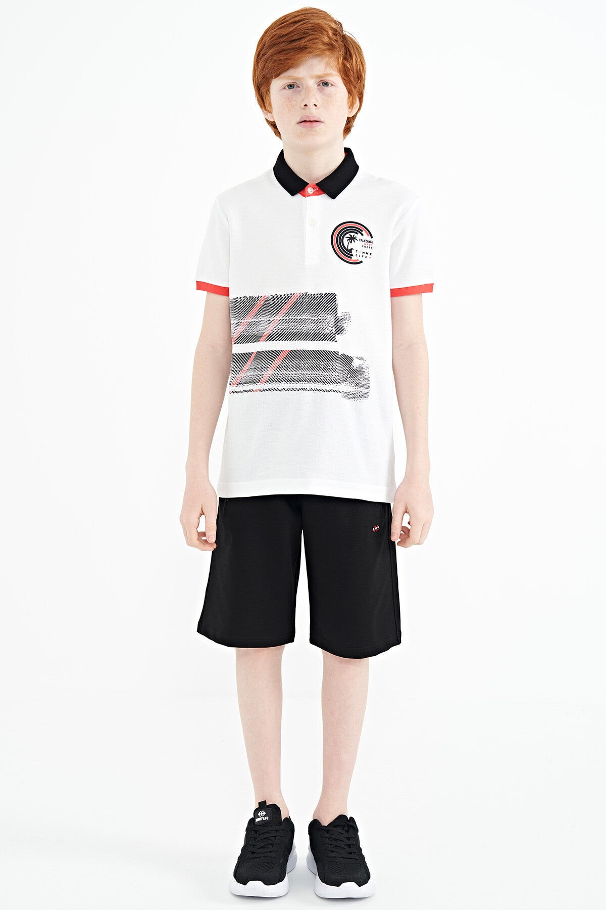 White Print Detailed Polo Collar Standard Fit Boys' T-Shirt - 11094