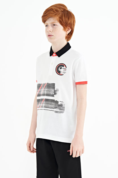 White Print Detailed Polo Collar Standard Fit Boys' T-Shirt - 11094