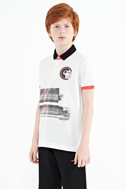 White Print Detailed Polo Collar Standard Fit Boys' T-Shirt - 11094