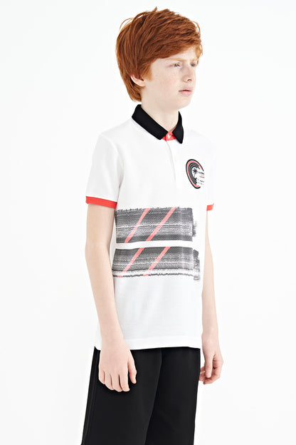 White Print Detailed Polo Collar Standard Fit Boys' T-Shirt - 11094