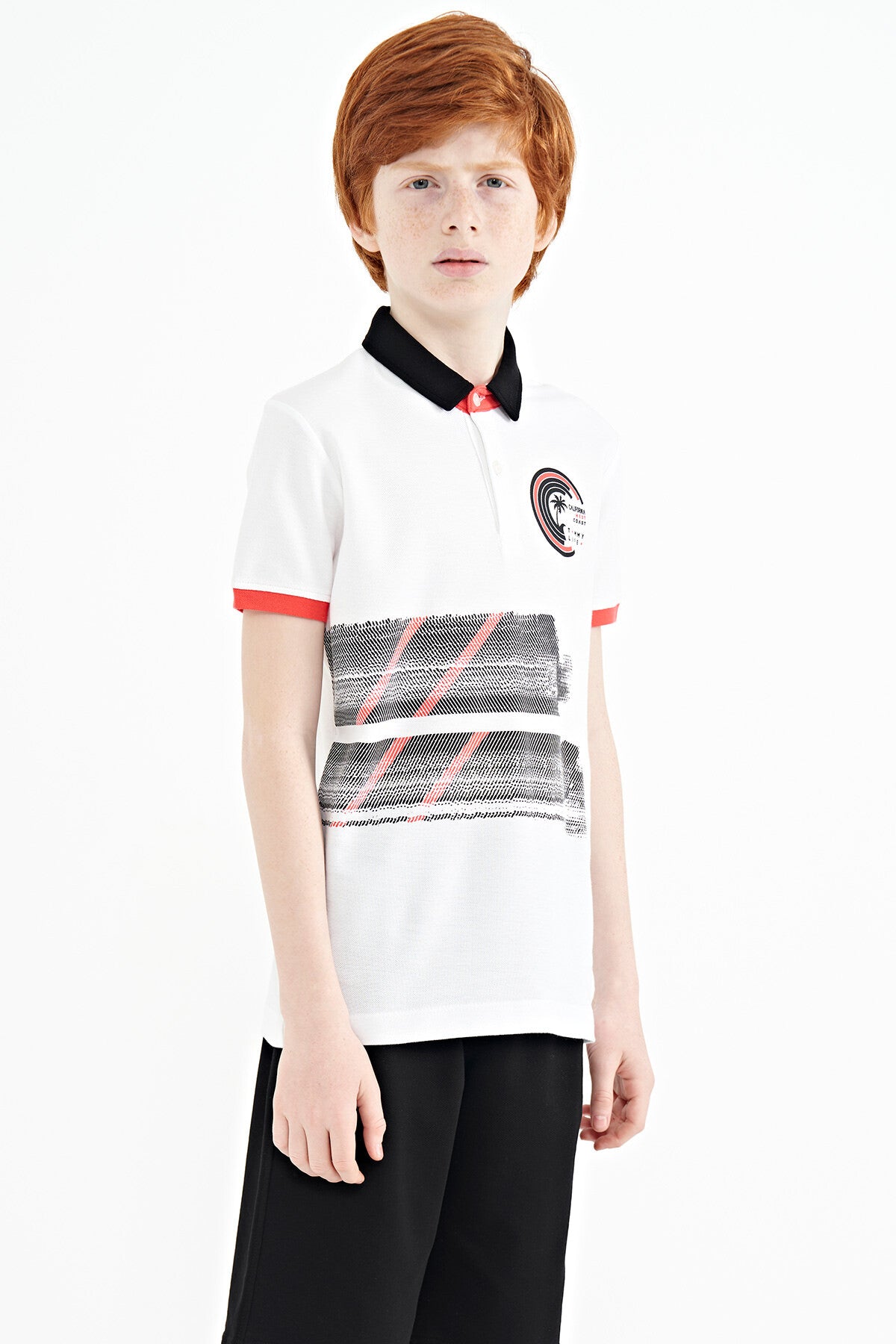 White Print Detailed Polo Collar Standard Fit Boys' T-Shirt - 11094
