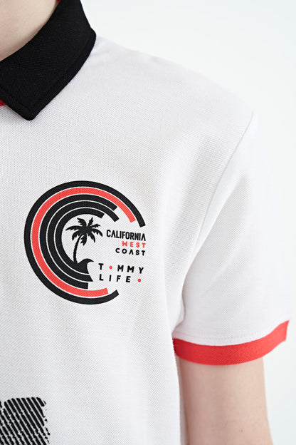 White Print Detailed Polo Collar Standard Fit Boys' T-Shirt - 11094