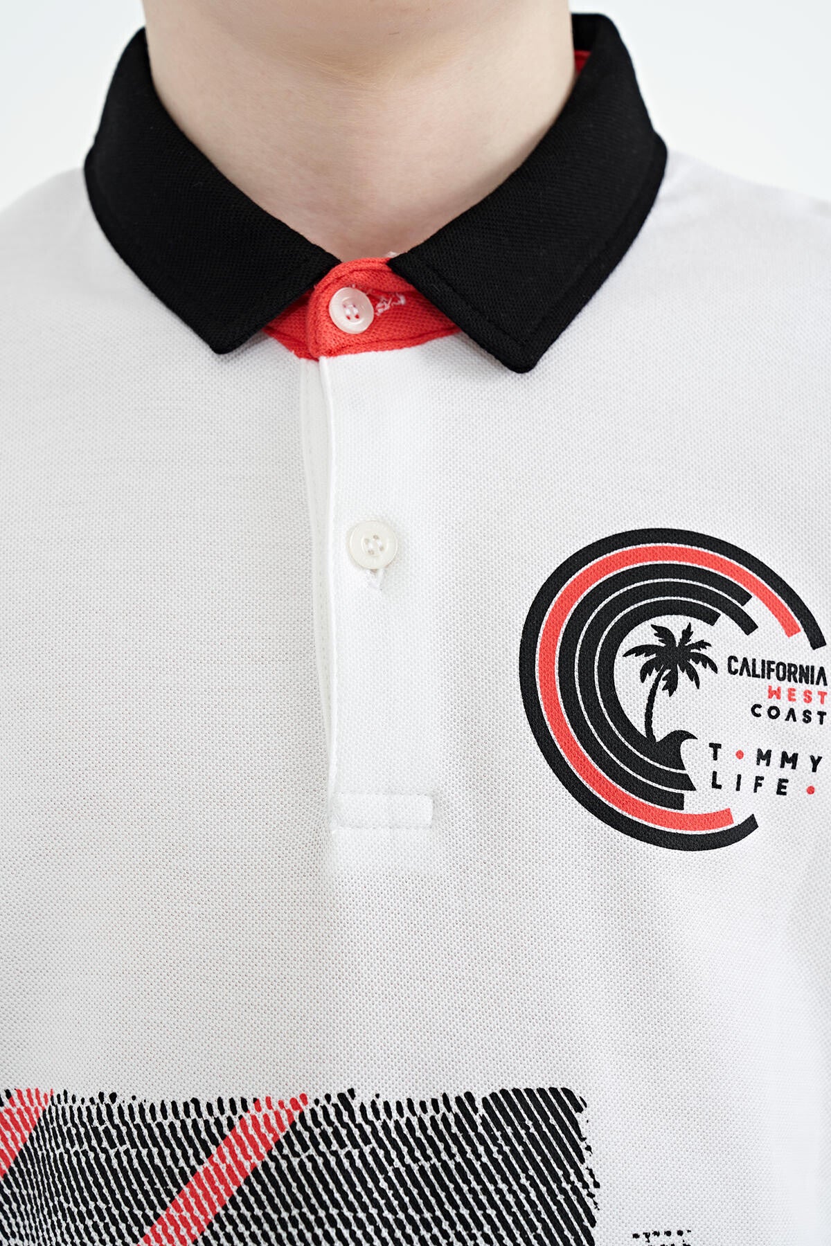 White Print Detailed Polo Collar Standard Fit Boys' T-Shirt - 11094