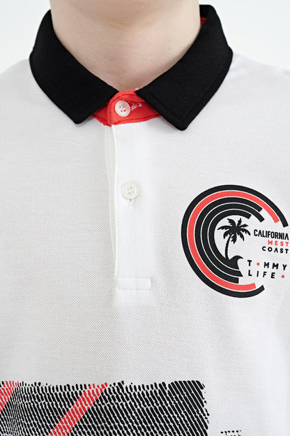 White Print Detailed Polo Collar Standard Fit Boys' T-Shirt - 11094
