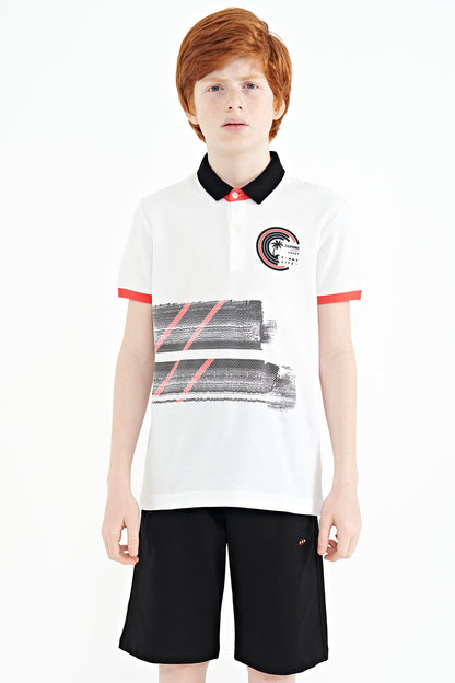 White Print Detailed Polo Collar Standard Fit Boys' T-Shirt - 11094