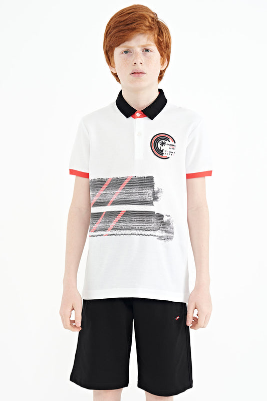 White Print Detailed Polo Collar Standard Fit Boys' T-Shirt - 11094