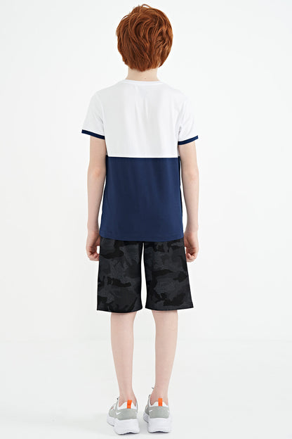 White Print Detailed Color Block Standard Fit O Collar Boys T-Shirt - 11107
