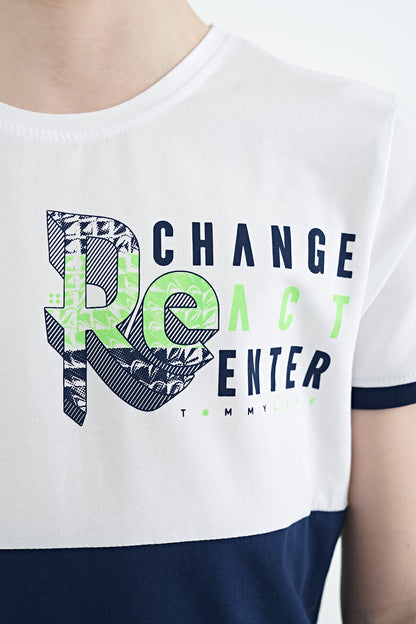 White Print Detailed Color Block Standard Fit O Collar Boys T-Shirt - 11107