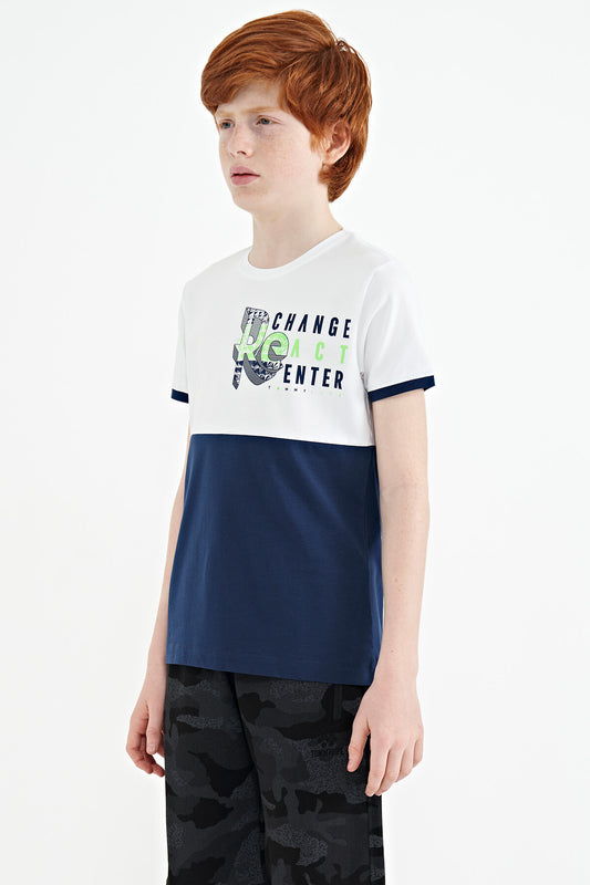 White Print Detailed Color Block Standard Fit O Collar Boys T-Shirt - 11107