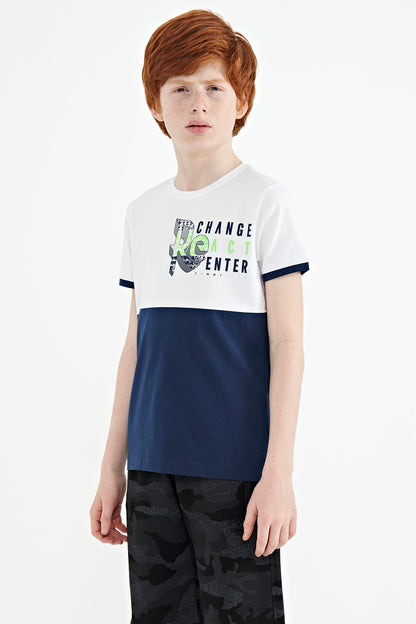 White Print Detailed Color Block Standard Fit O Collar Boys T-Shirt - 11107