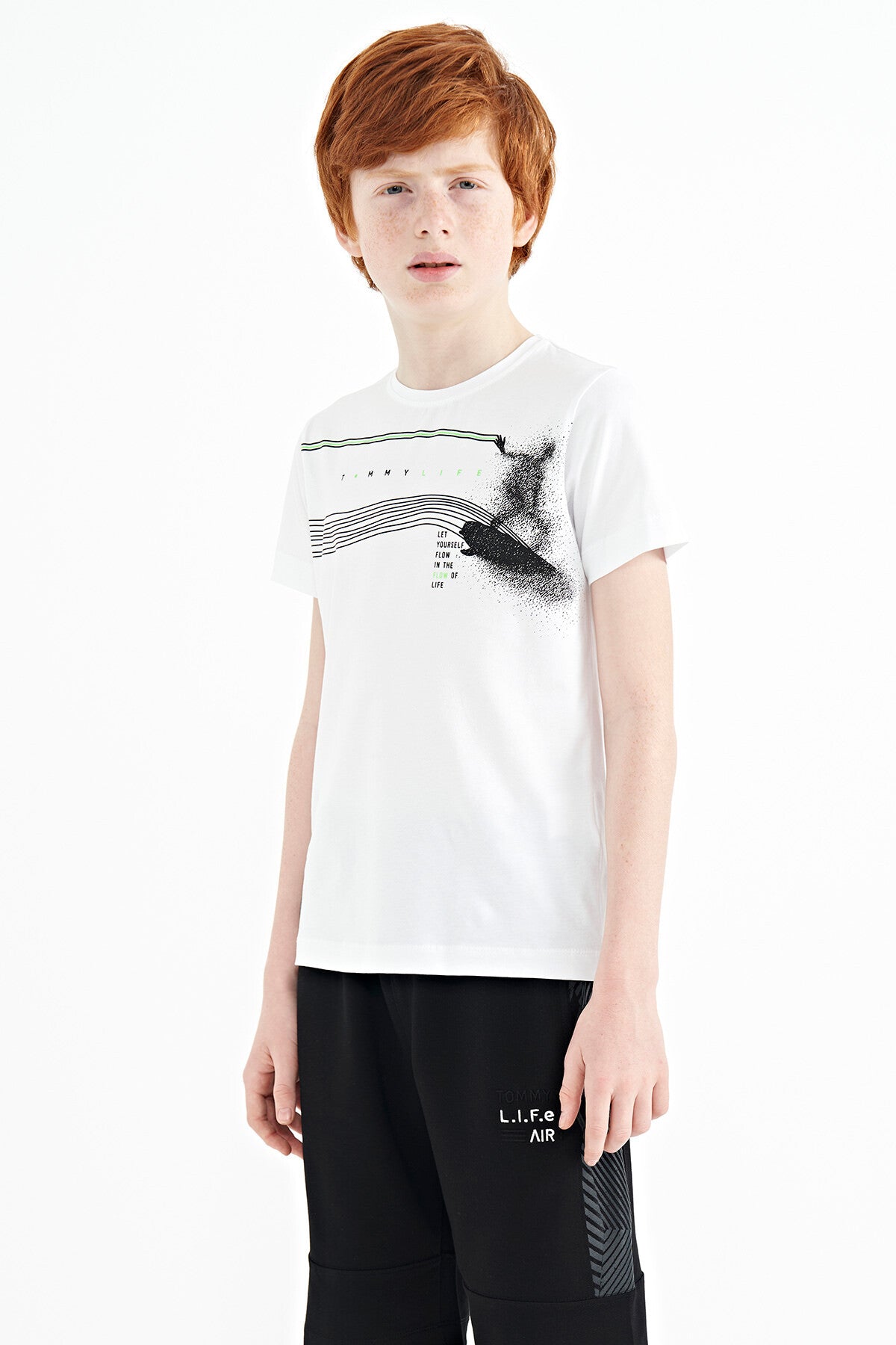 White Print Detailed Standard Template O Collar Boys T-Shirt - 11133