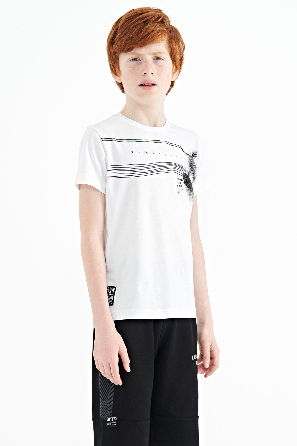 White Print Detailed Standard Template O Collar Boys T-Shirt - 11133