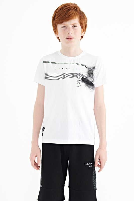 White Print Detailed Standard Template O Collar Boys T-Shirt - 11133