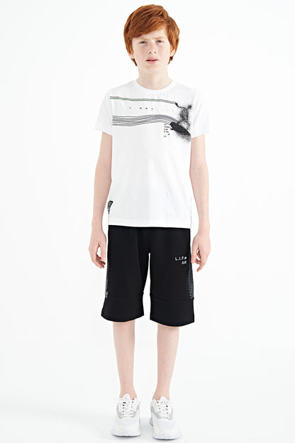 White Print Detailed Standard Template O Collar Boys T-Shirt - 11133
