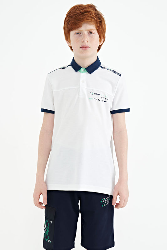 White Print Detailed Standard Mold Polo Collar Boys T-Shirt - 11140