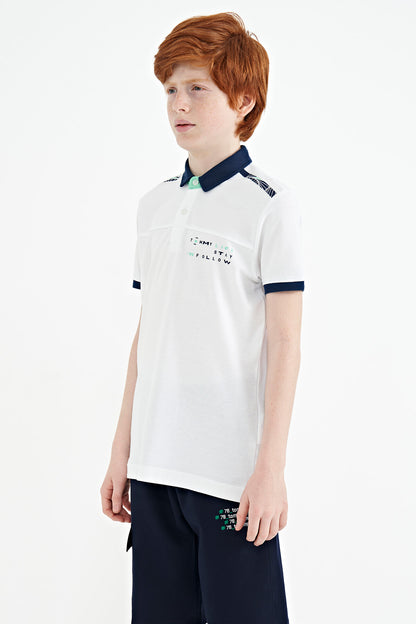 White Print Detailed Standard Mold Polo Collar Boys T-Shirt - 11140