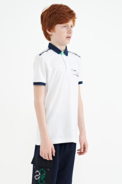 White Print Detailed Standard Mold Polo Collar Boys T-Shirt - 11140