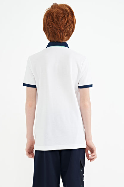 White Print Detailed Standard Mold Polo Collar Boys T-Shirt - 11140