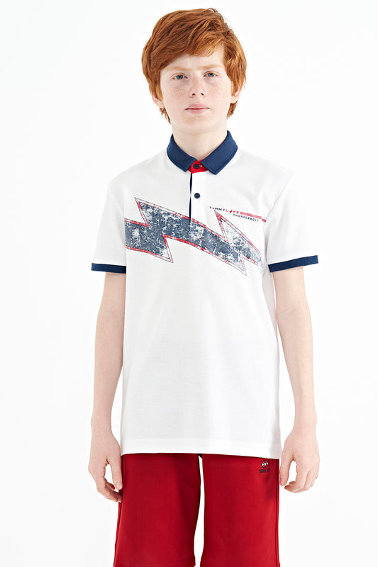 White Print Detailed Standard Fit Polo Collar Boys T-Shirt - 11154