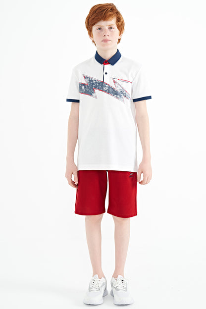 White Print Detailed Standard Fit Polo Collar Boys T-Shirt - 11154