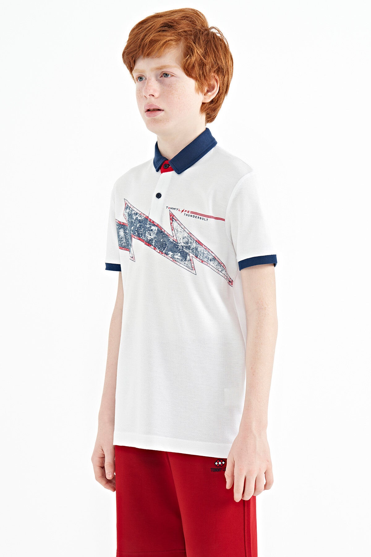 White Print Detailed Standard Fit Polo Collar Boys T-Shirt - 11154