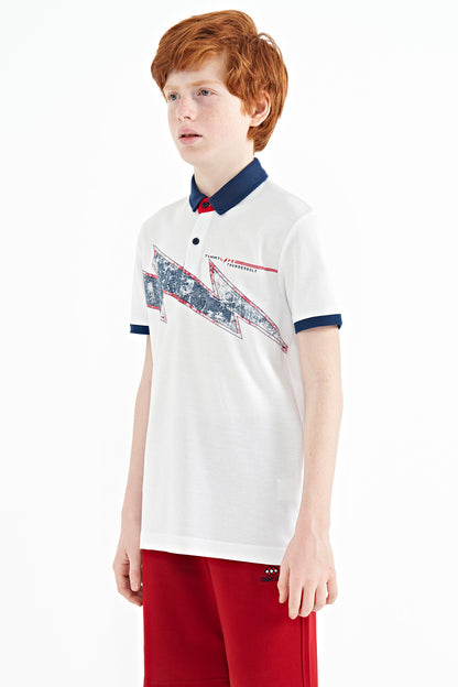 White Print Detailed Standard Fit Polo Collar Boys T-Shirt - 11154