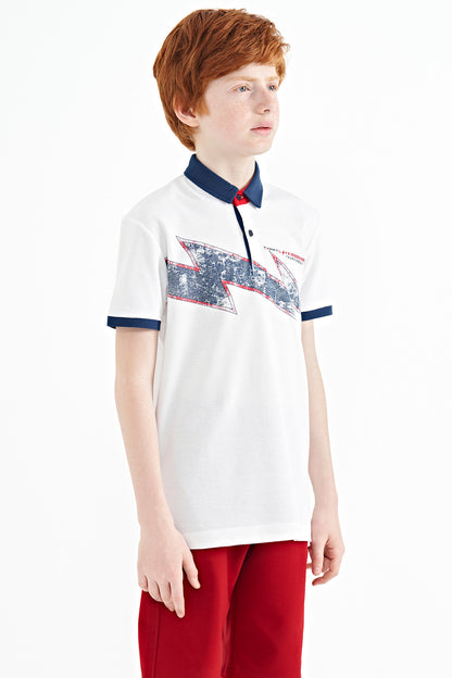 White Print Detailed Standard Fit Polo Collar Boys T-Shirt - 11154