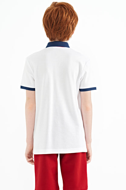 White Print Detailed Standard Fit Polo Collar Boys T-Shirt - 11154