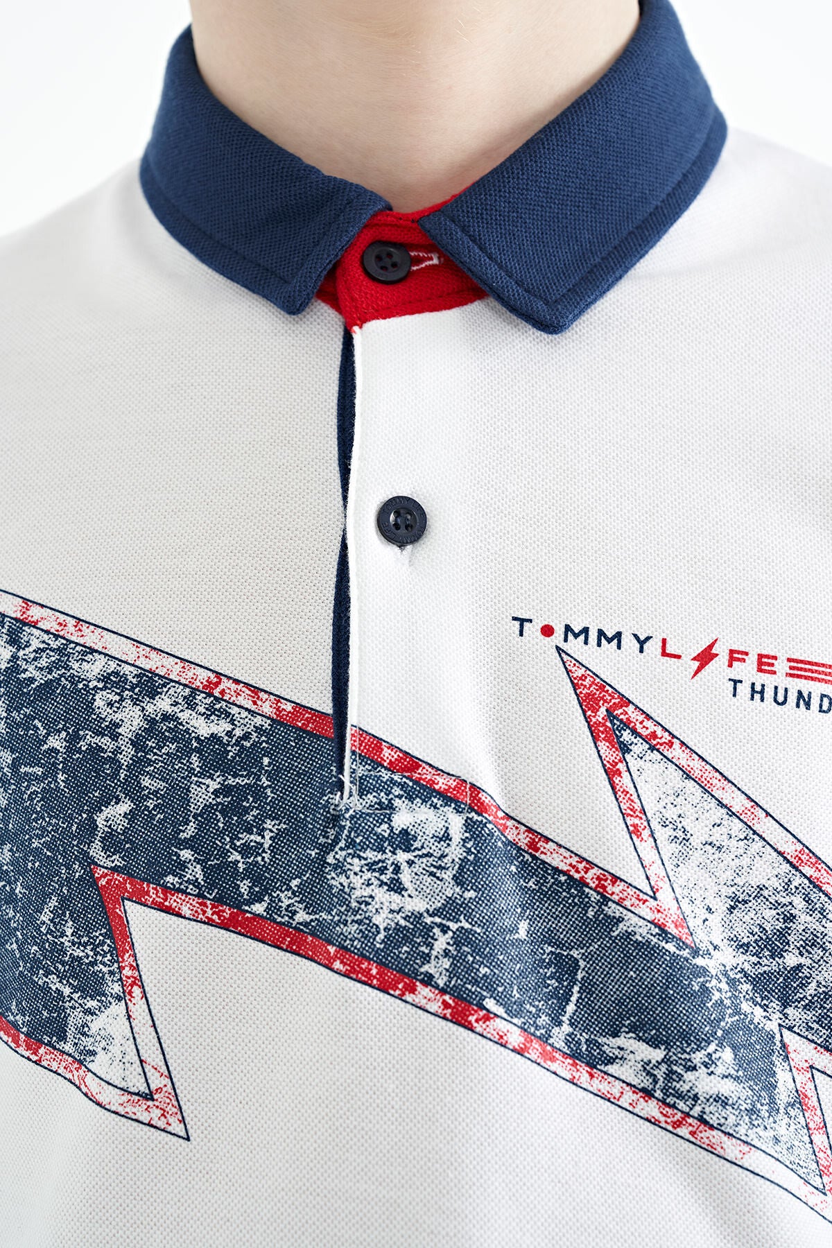 White Print Detailed Standard Fit Polo Collar Boys T-Shirt - 11154