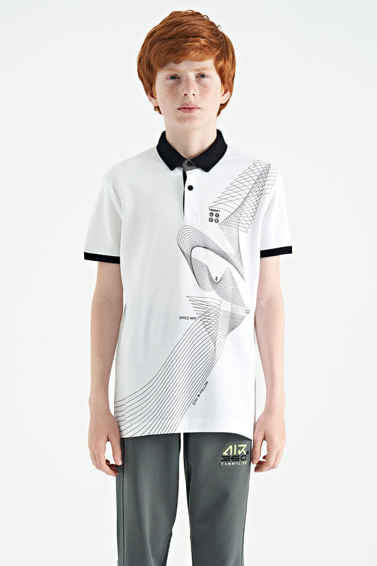 White Print Detailed Standard Mold Polo Collar Boys T-Shirt - 11164