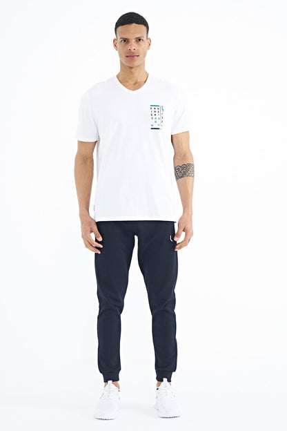 White Print Detailed V Neck Standard Fit Men's T-Shirt - 88186