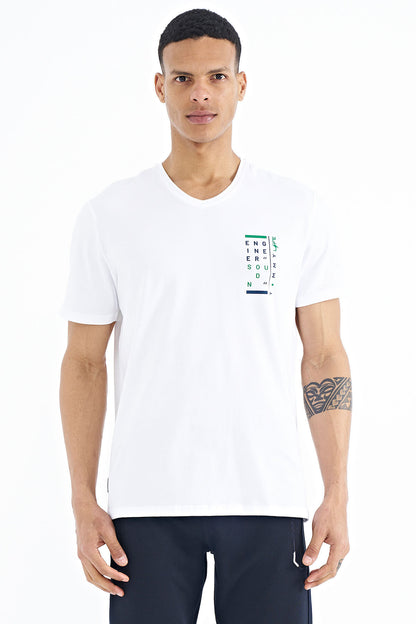 White Print Detailed V Neck Standard Fit Men's T-Shirt - 88186