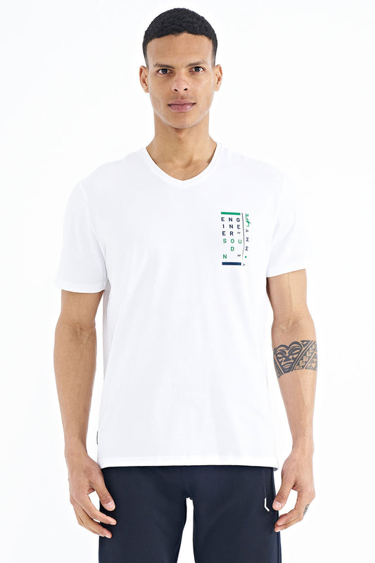 White Print Detailed V Neck Standard Fit Men's T-Shirt - 88186