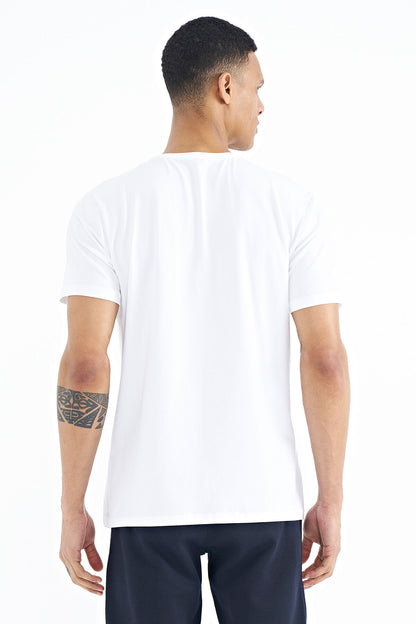 White Print Detailed V Neck Standard Fit Men's T-Shirt - 88186