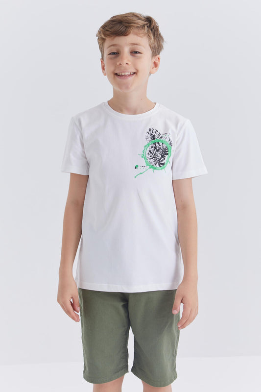 White Printed O Collar Short Sleeve Regular Fit Boys T-Shirt - 10867