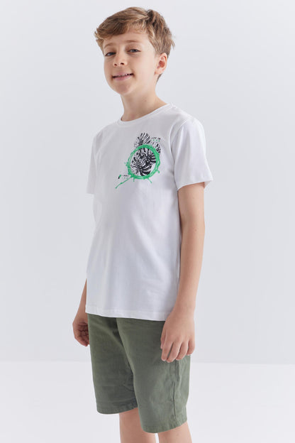 White Printed O Collar Short Sleeve Regular Fit Boys T-Shirt - 10867