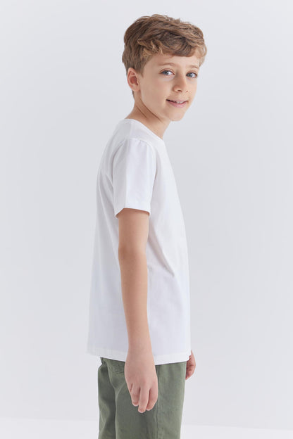 White Printed O Collar Short Sleeve Regular Fit Boys T-Shirt - 10867