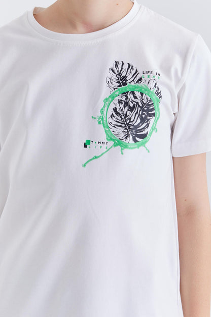 White Printed O Collar Short Sleeve Regular Fit Boys T-Shirt - 10867
