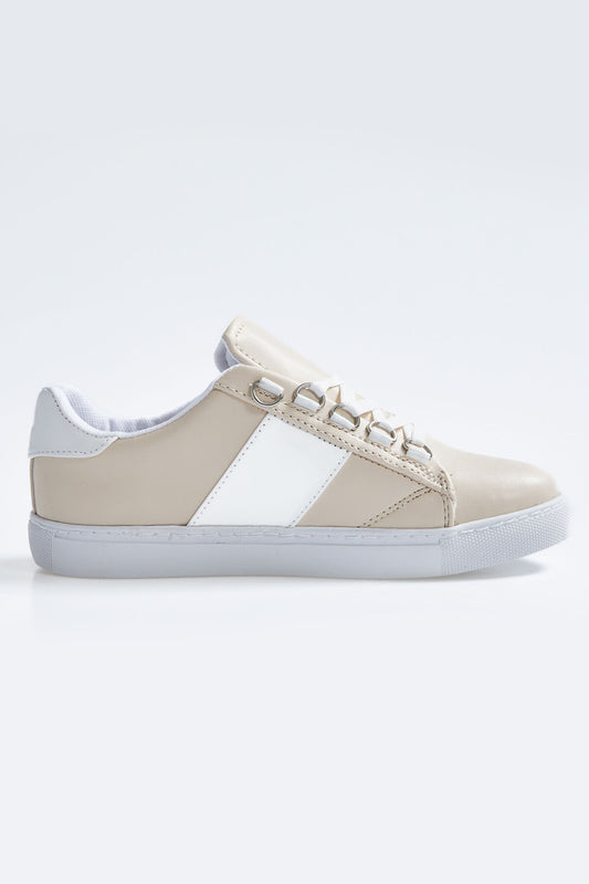 White - Beige Laced Strip Detailed PU Leather Women's Sports Shoes - 89202