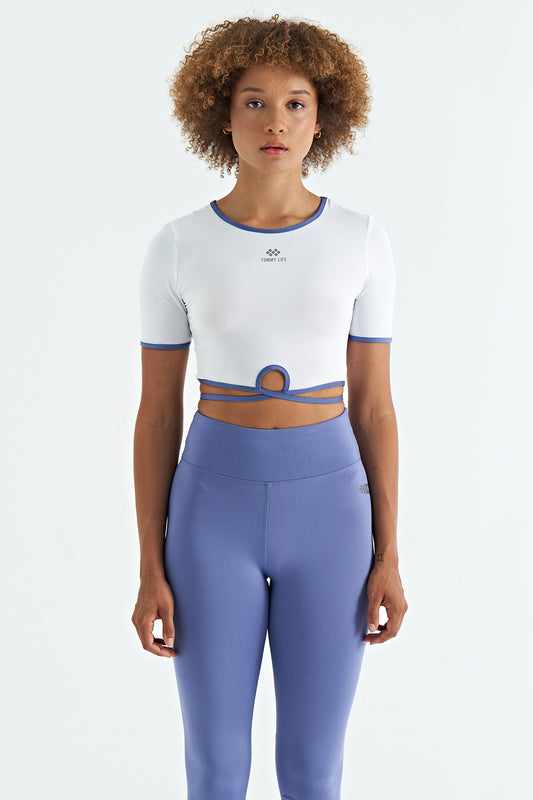 White Tie-Waist Detailed O Neck Standard Fit Scuba Fabric Women's Crop T-Shirt - 97266